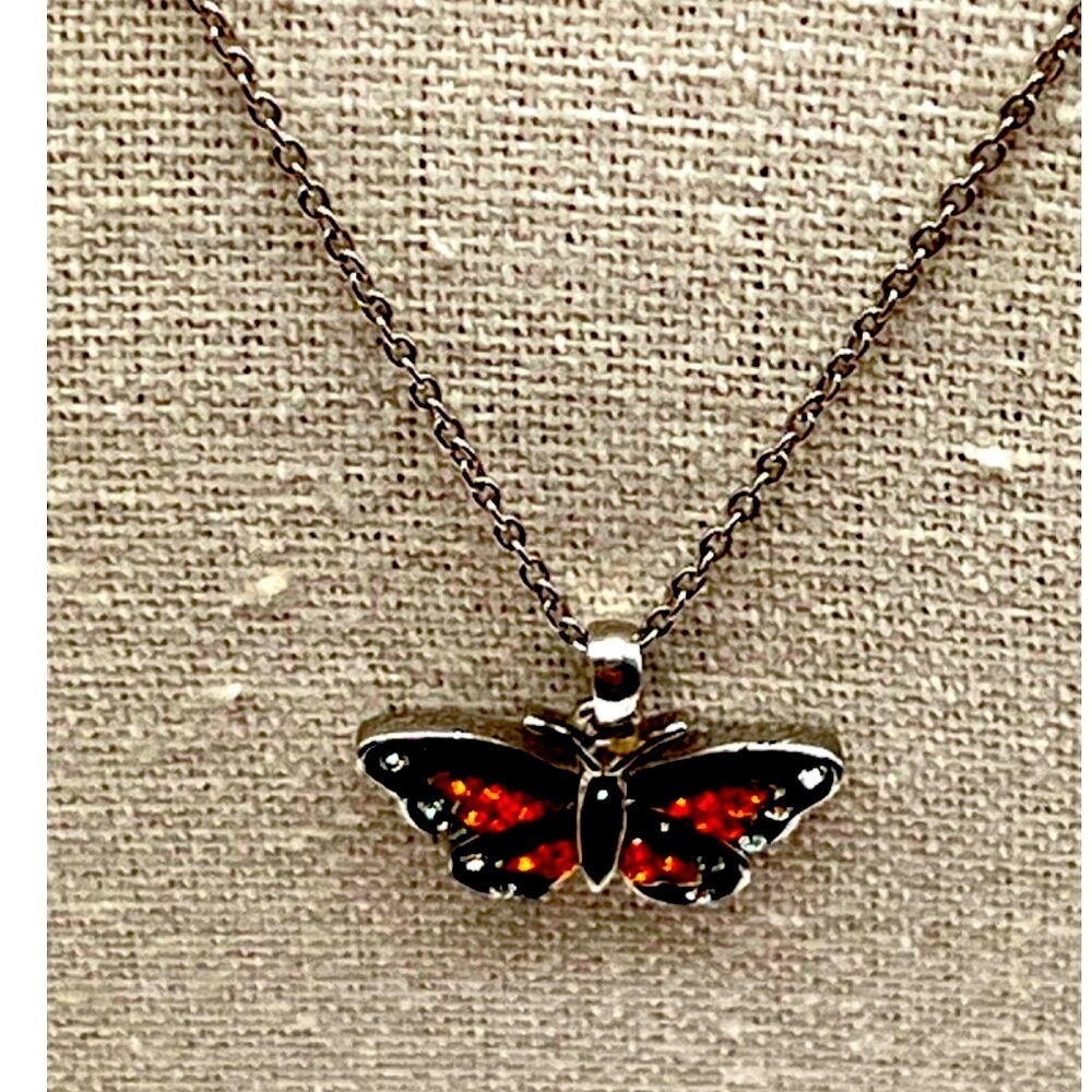 Butterfly Pendant Necklace With Clear, Orange & Black Rhinestones. B52 - Picture 5 of 12